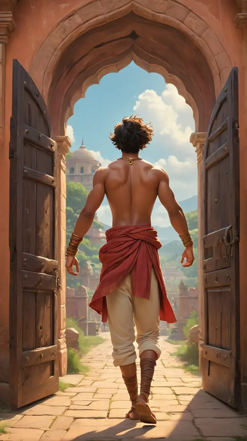 Create a 3D illustrator of an animated back view image depicts a 18th century young man, with Indian skintoned, symbolizing strength, as he effortlessly opens the gigantic entrance gates of a kingdom's entrance with just one hand. The scene should show very large gigantic entrance doors. This scene represents the power of determination, perseverance, and the ability to overcome challenges with inner strength, reflecting themes of resilience, ambition, and the potential for greatness within oneself. Beautiful colourful and spirited background illustrations.