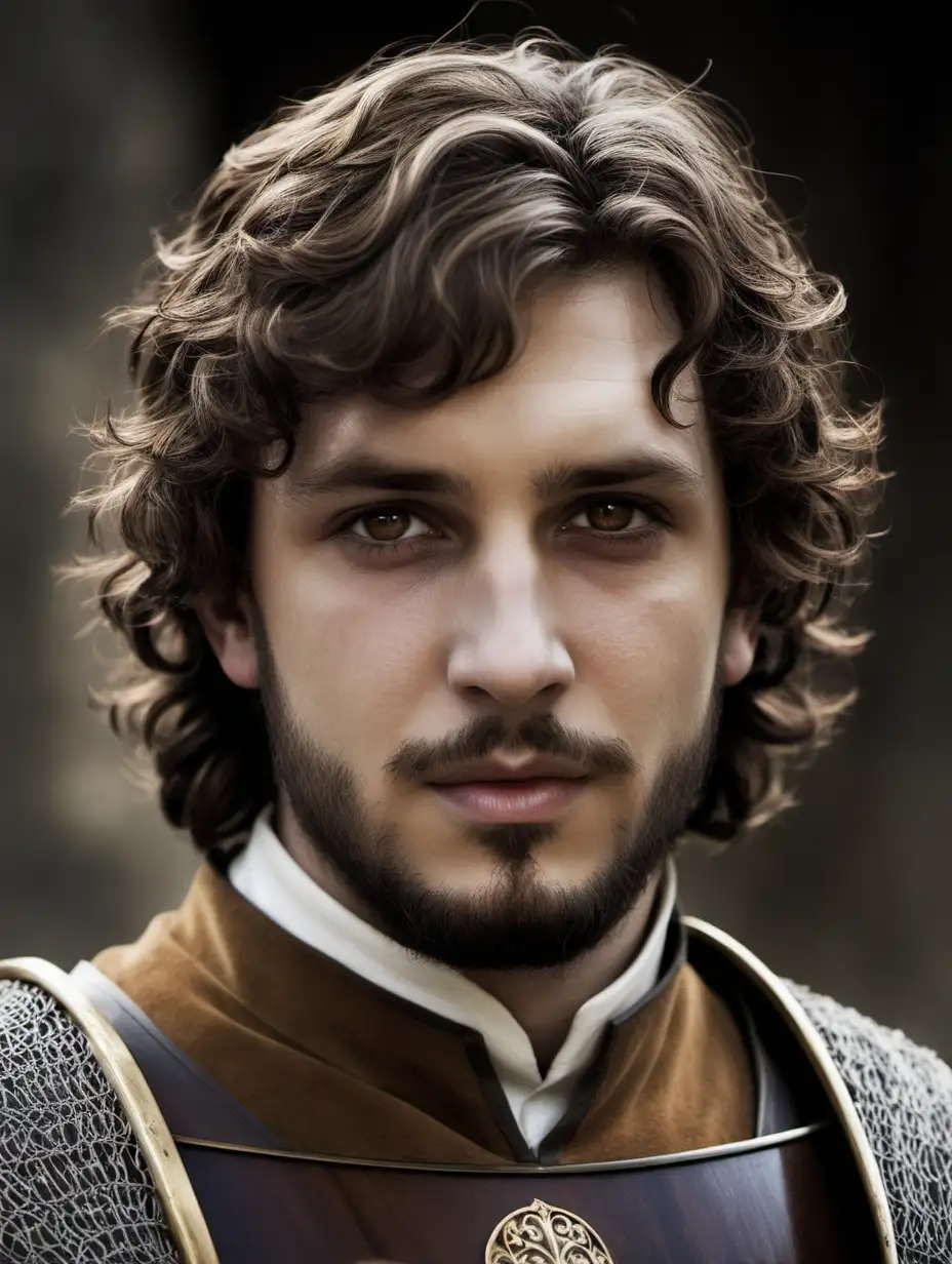 medieval king, young, brown hair, brown eyes, short wavy hair, beard, white skin