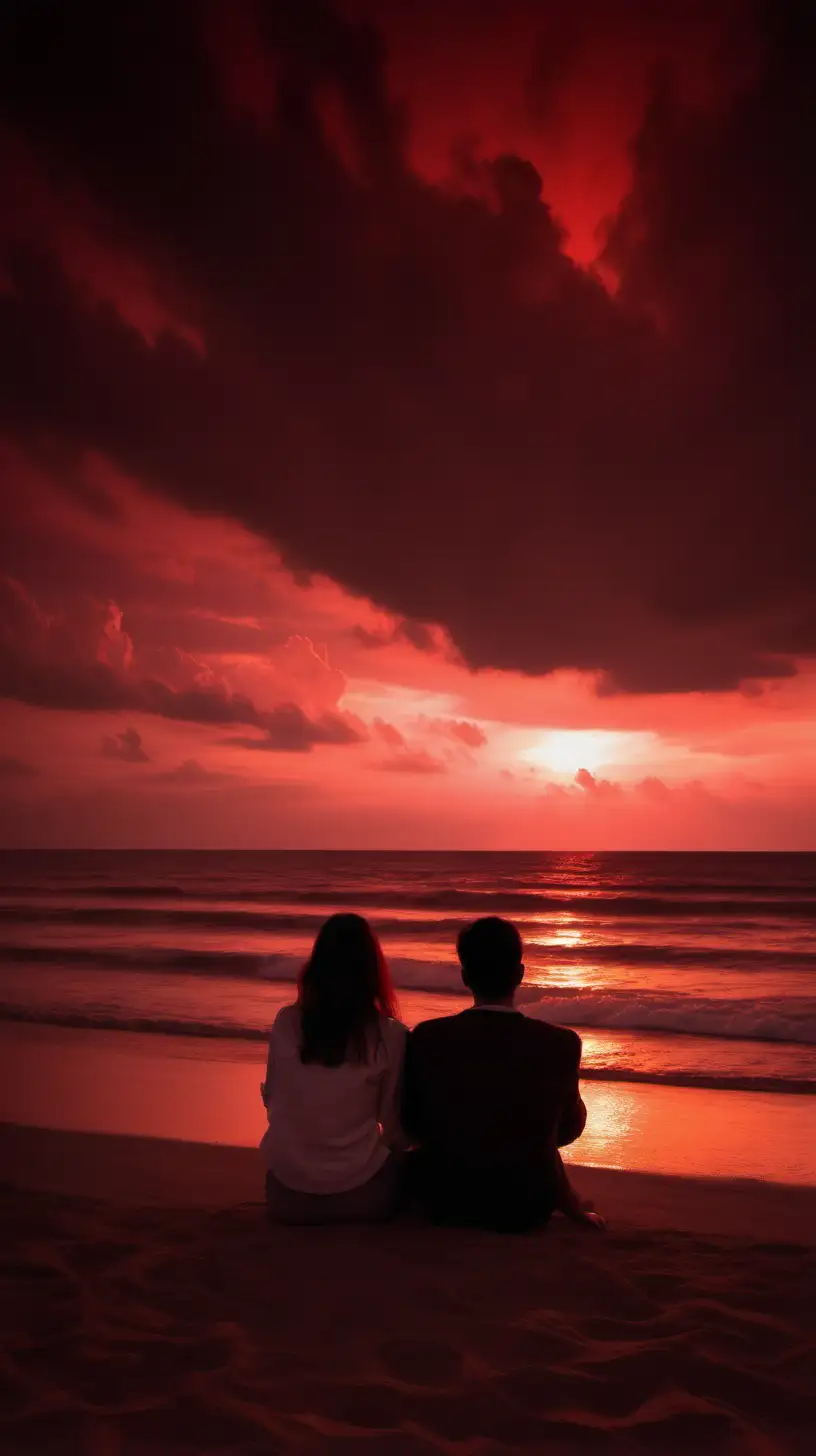 Romantic Couple sitting. see the sunrise. at the beach's border. at Dusk. Dark red clouds