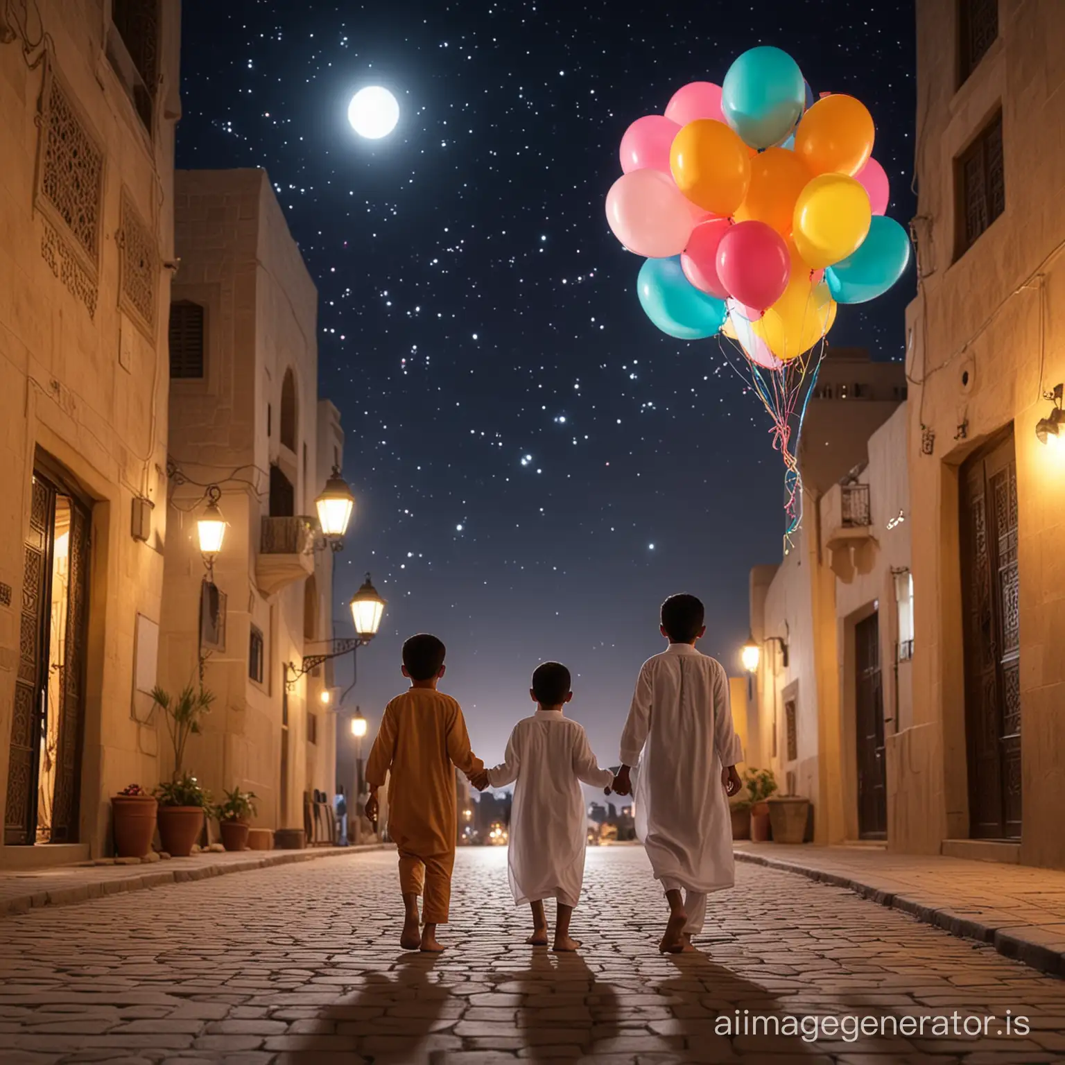 back view Joyful Arab Children Celebrating Eid ul Fitr with Balloons and Candy at Night  size 1920*960