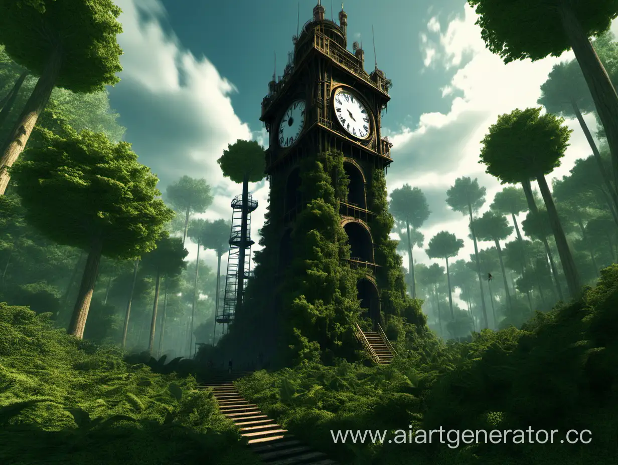 Сгенерируй лес с огромной башней, наверху которой огромные часы