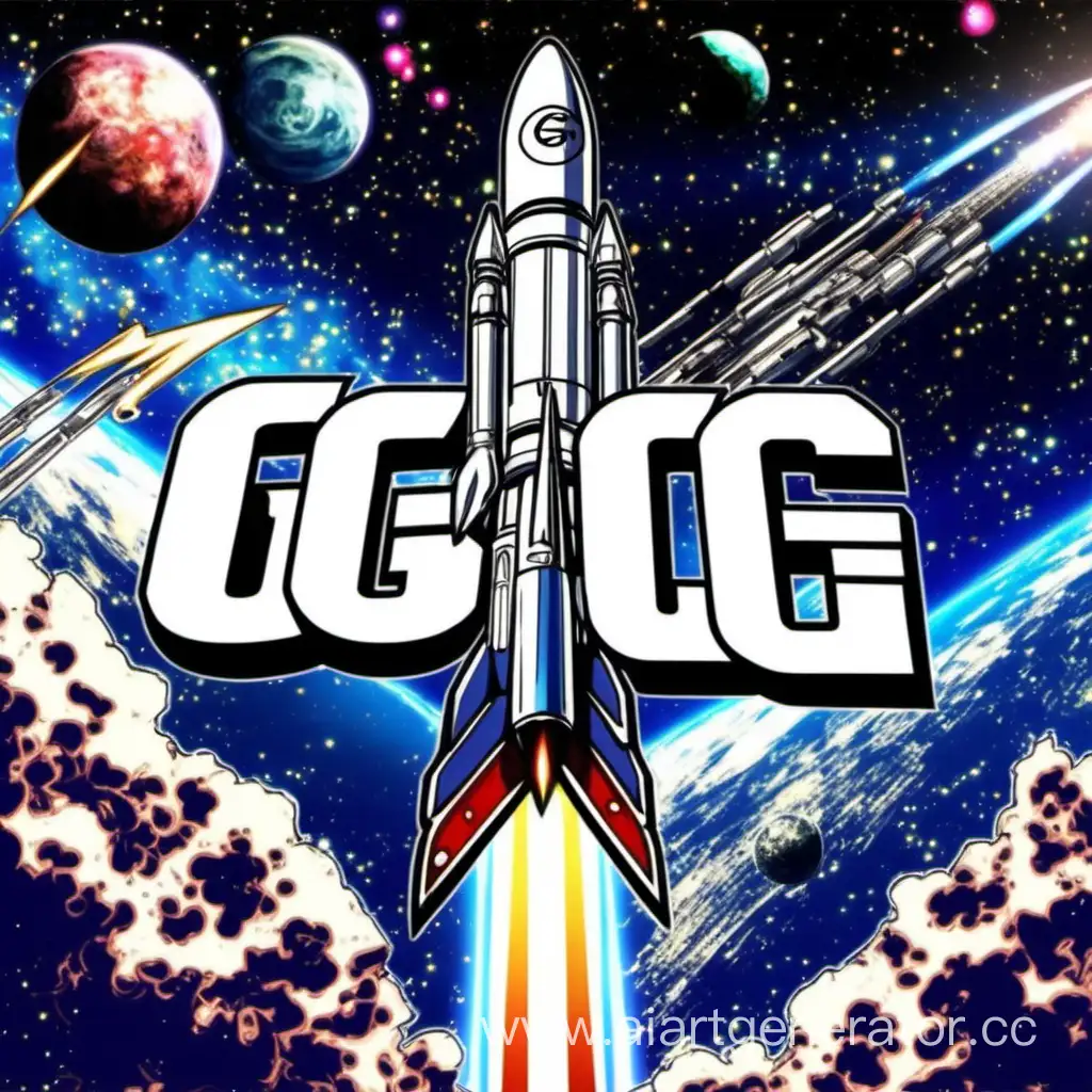надпись  GG по центру
 на космическом в стиле аниме  фоне с ракетой на заднем плане