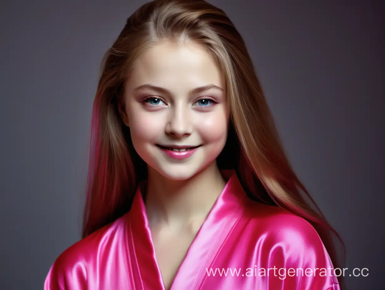 Красавица Юлия Липницкая с нежной, фарфоровой кожей красиво улыбается с длинными прямыми шелковистыми волосами в шелковом халате розового цвета фуксия