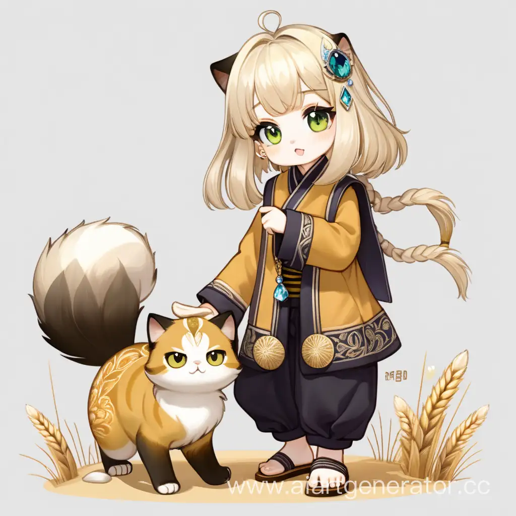 1girl, kitty, on two paws, milky wool, persian coloring, fluffy, black-and-sulfur monk's clothes, wide trousers, sleeveless jacket with a high throat, small in height, cute, crystal imp with a light glow on the neck, fluttering wheat-colored hair, wooden shoes,, reference, peacock tail embroidered on the back, furry, кошка