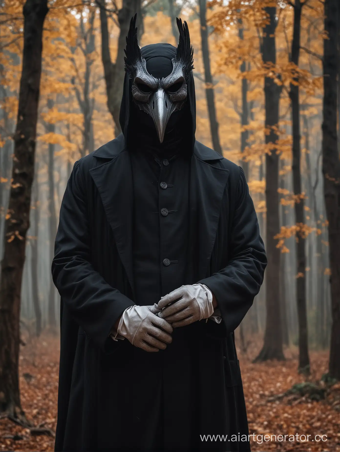 Majestic-Raven-Masked-Figure-in-Autumn-Forest-Night