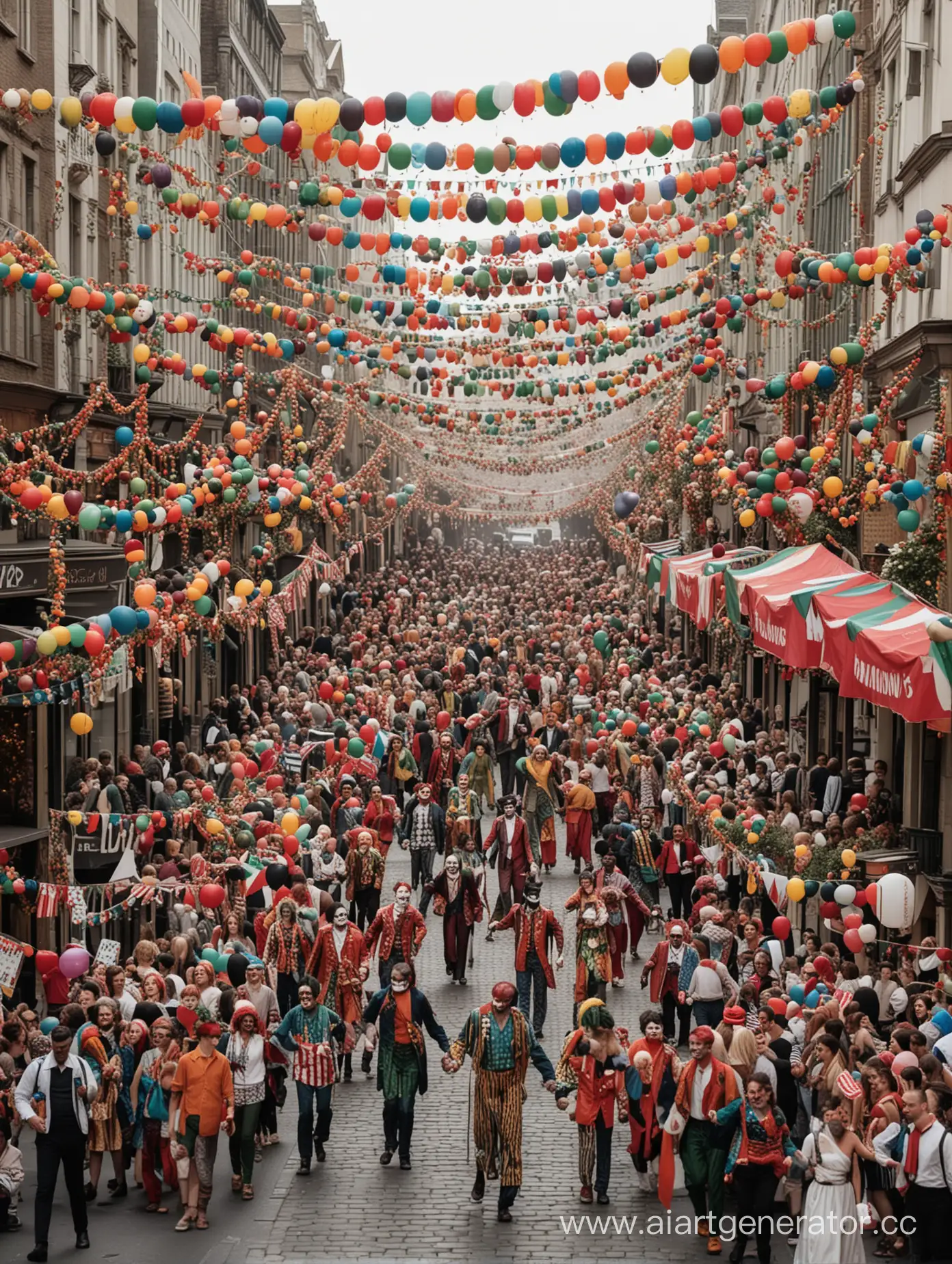 A large city street is decorated with festive garlands, flags, and balloons. On the street there are many men, women and children of all ages, dressed in domino, joker and harlequin costumes. All the people hug, dance and sing.