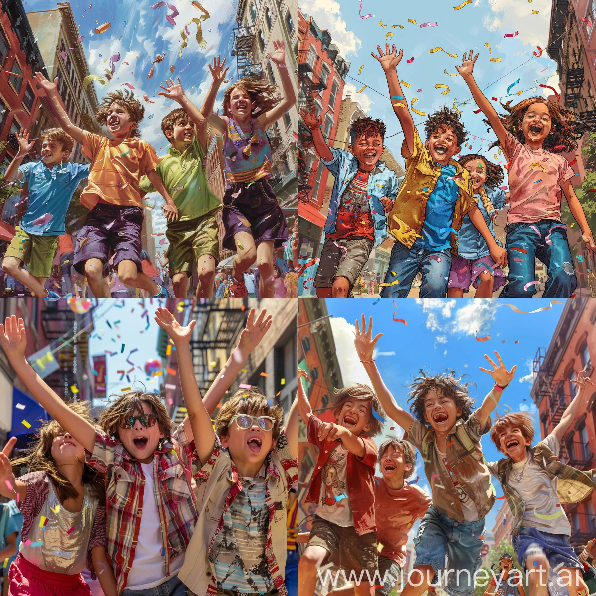 在美国的街头儿童疯狂派对，3男2女5个小孩在一起庆祝着，并且双手挥动着，像飞一样的动作，真实的场景