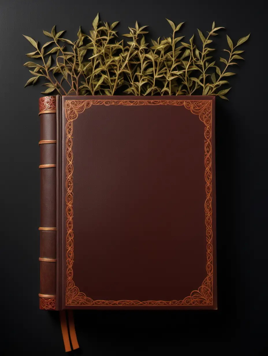 front aligned view of the narrow border of small vines of a blank book covered in leather in the theme of kitchen spices