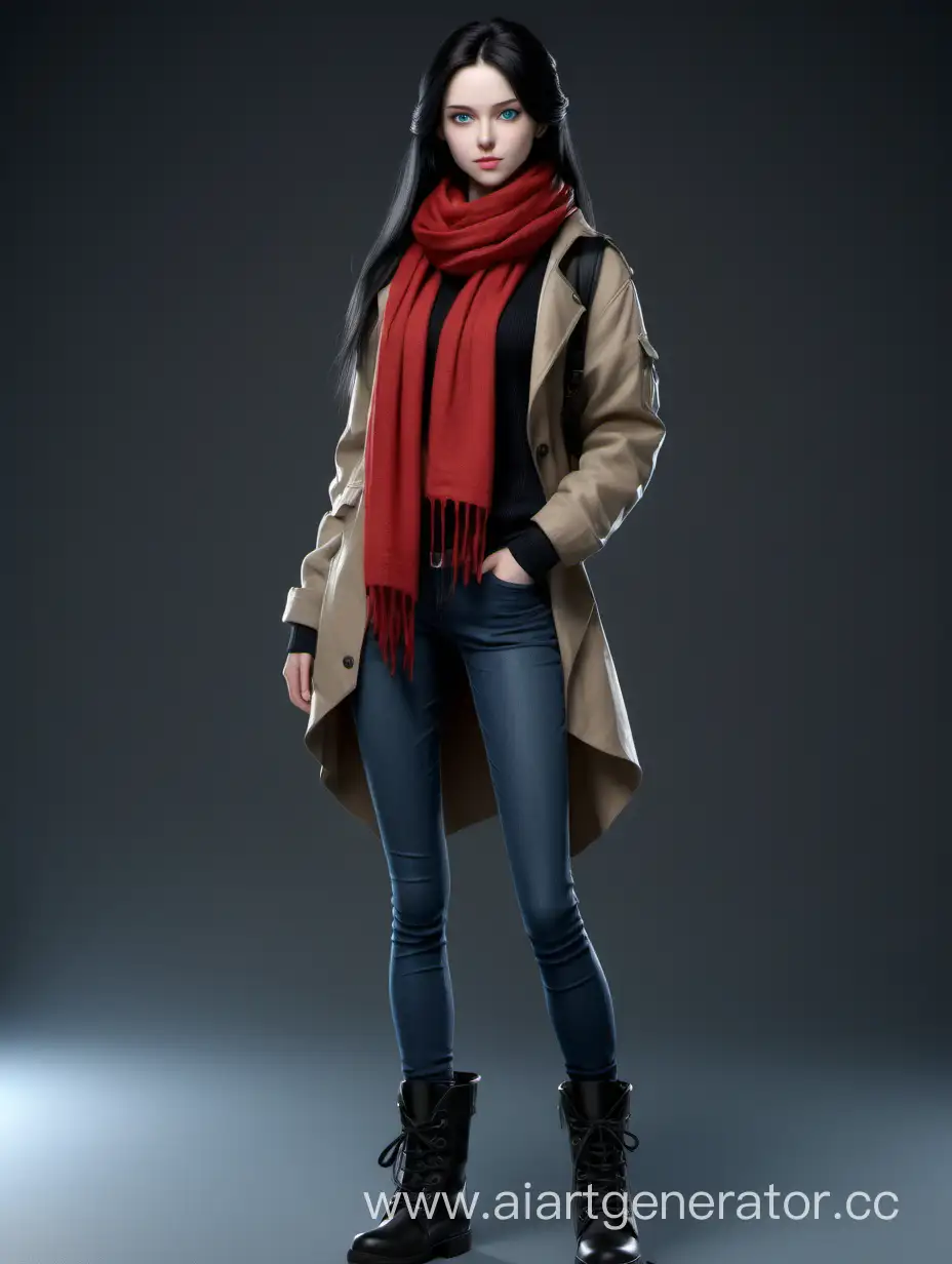 Stylish-Girl-in-Khaki-Jacket-and-Red-Scarf-with-Unique-Hairstyle