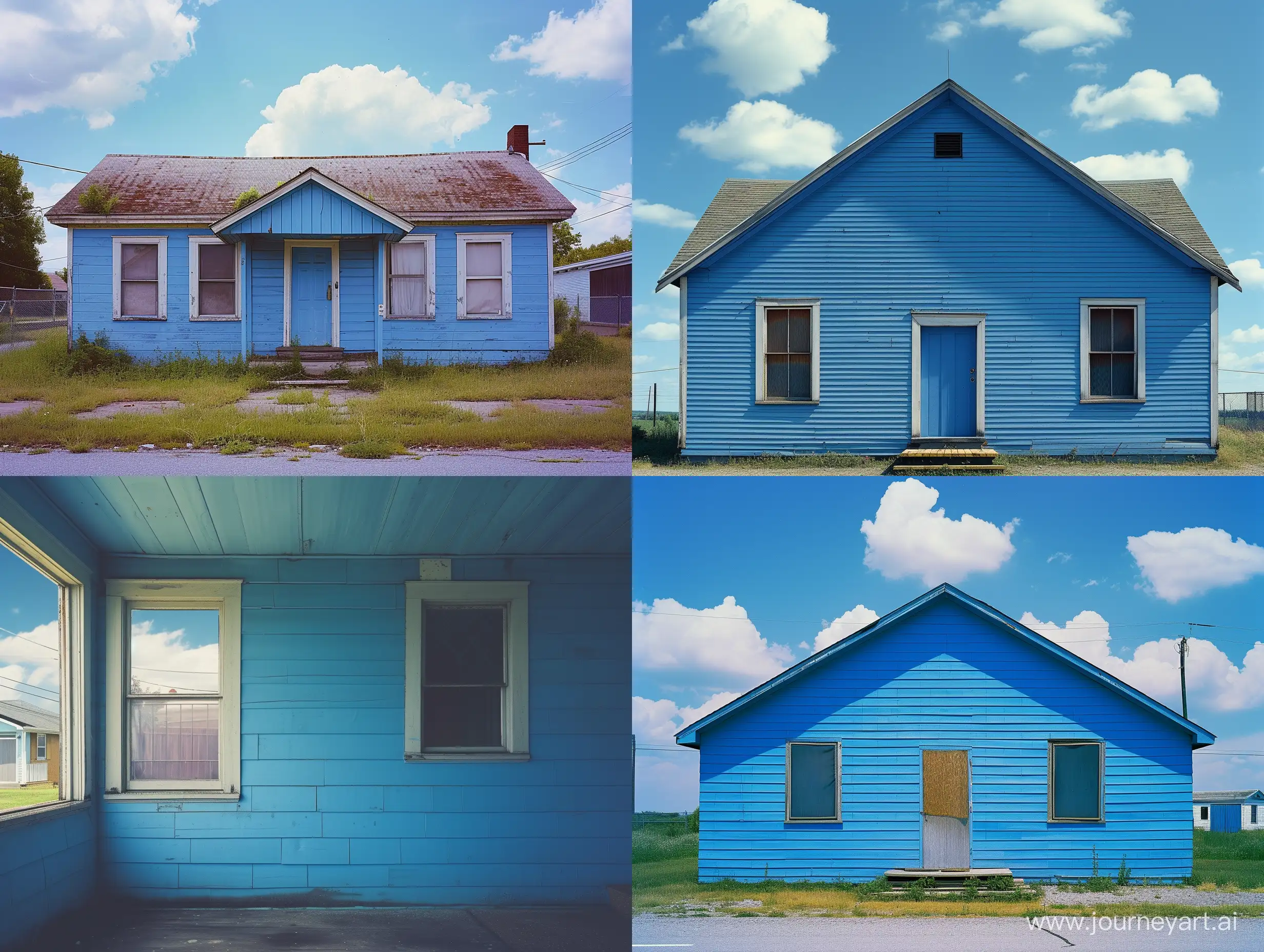 a empty blue house, architecture, empty, lifeless, liminal space, photograph, Kodachrome.", natural relaxing lighting, blue sky, clouds,
