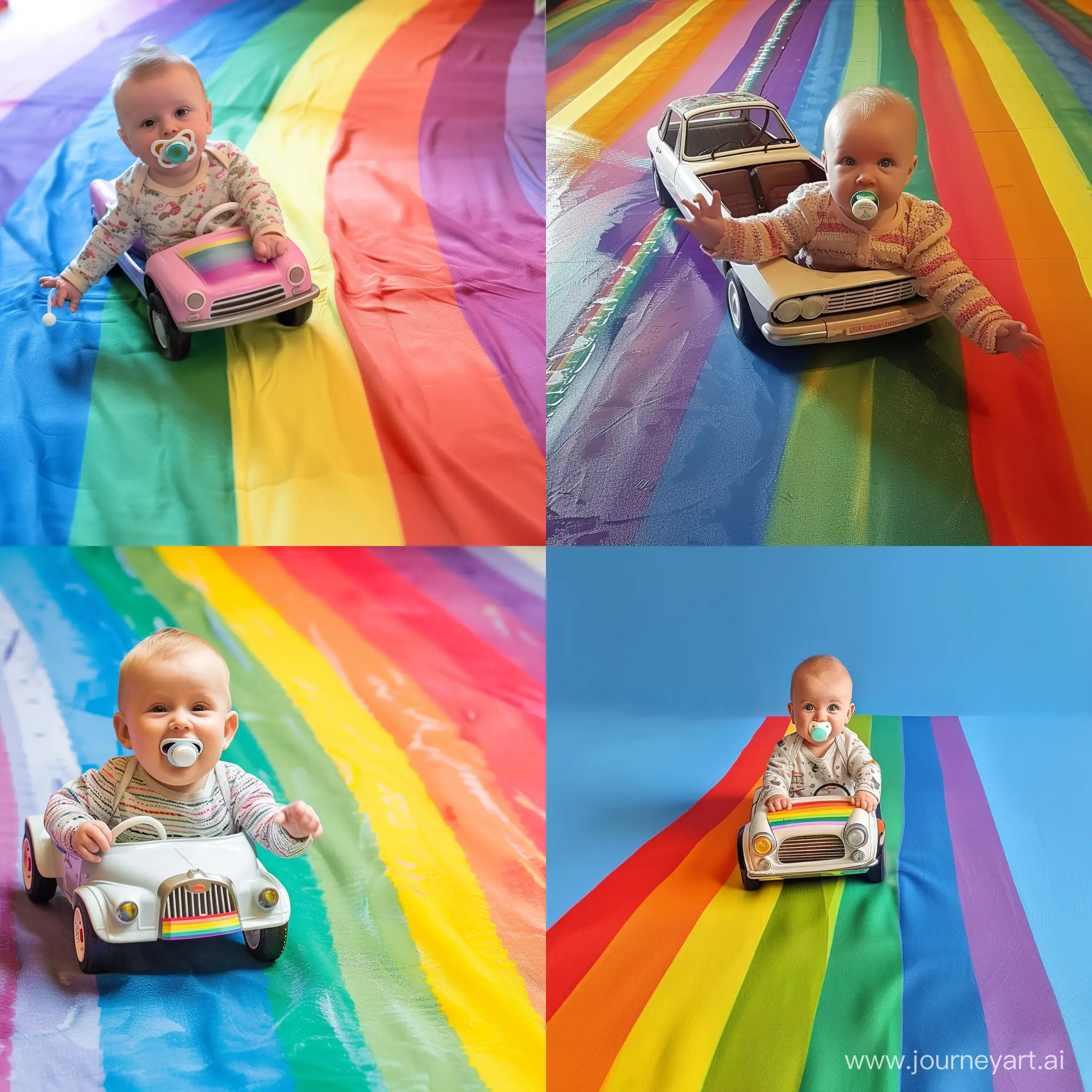 baby with passifier drives a car on rainbow
