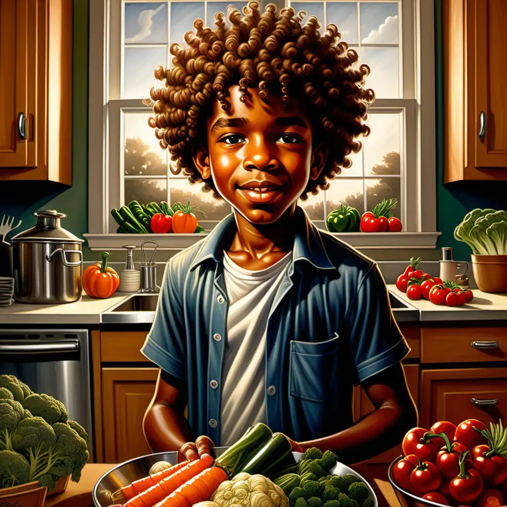 Cheerful Cartoon African American Boy Cooking with Vegetables