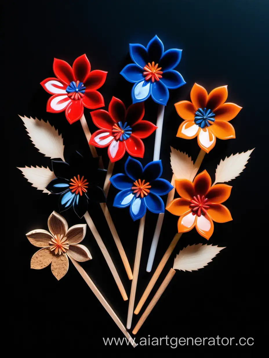 Vibrant-Epoxy-Resin-Flowers-Crafted-with-Colored-Pens-and-Wood-Shavings-on-Black-Background