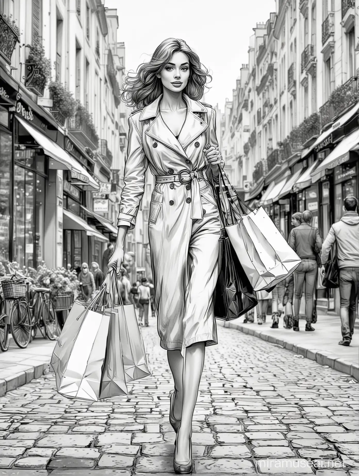 a fashionable women holding shopping bags and walking in a street in paris,comic,cartoon,coloring page,black and white