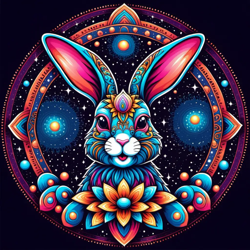 Psychedelic Rabbit in Cosmic Mandala Wonderland