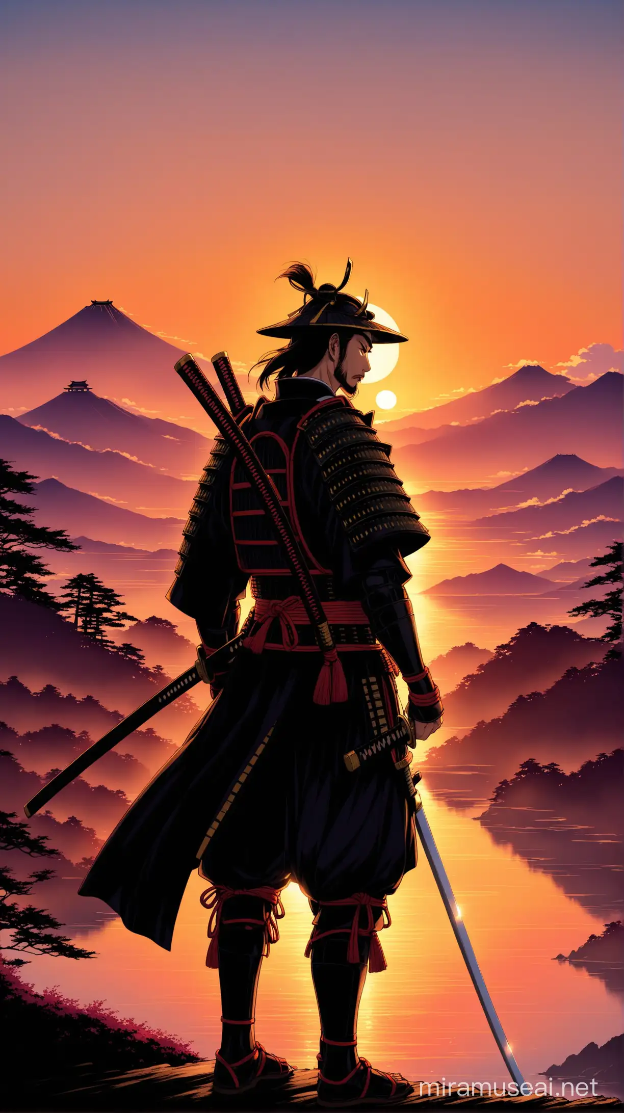 Samurai Silhouetted Against Japanese Sunset