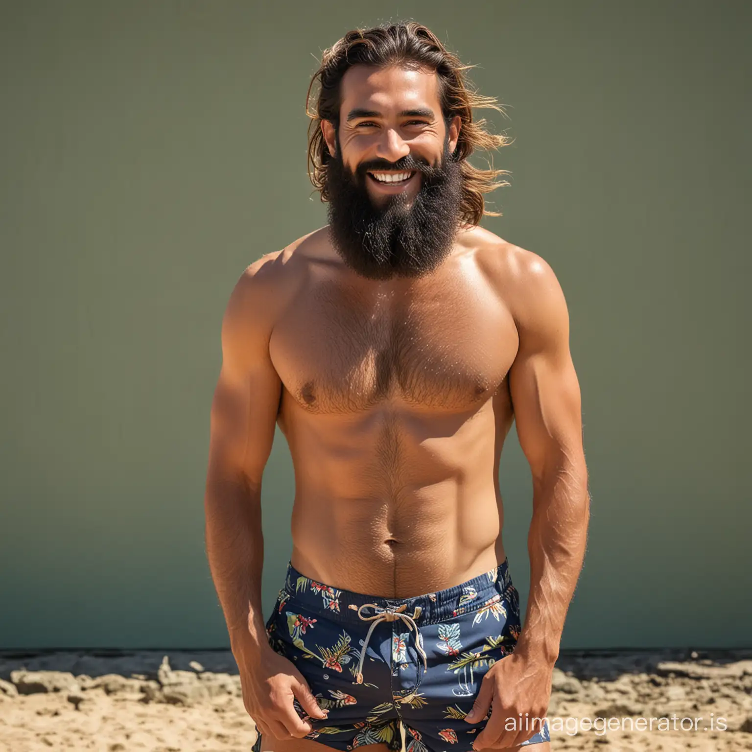 a smiling, confident, tall, lanky, fit, lean, broad shoulders, hairy chest, very long beard Hawaiian man, perspective shadows, wearing in board shorts, show full torso, show full body, solo