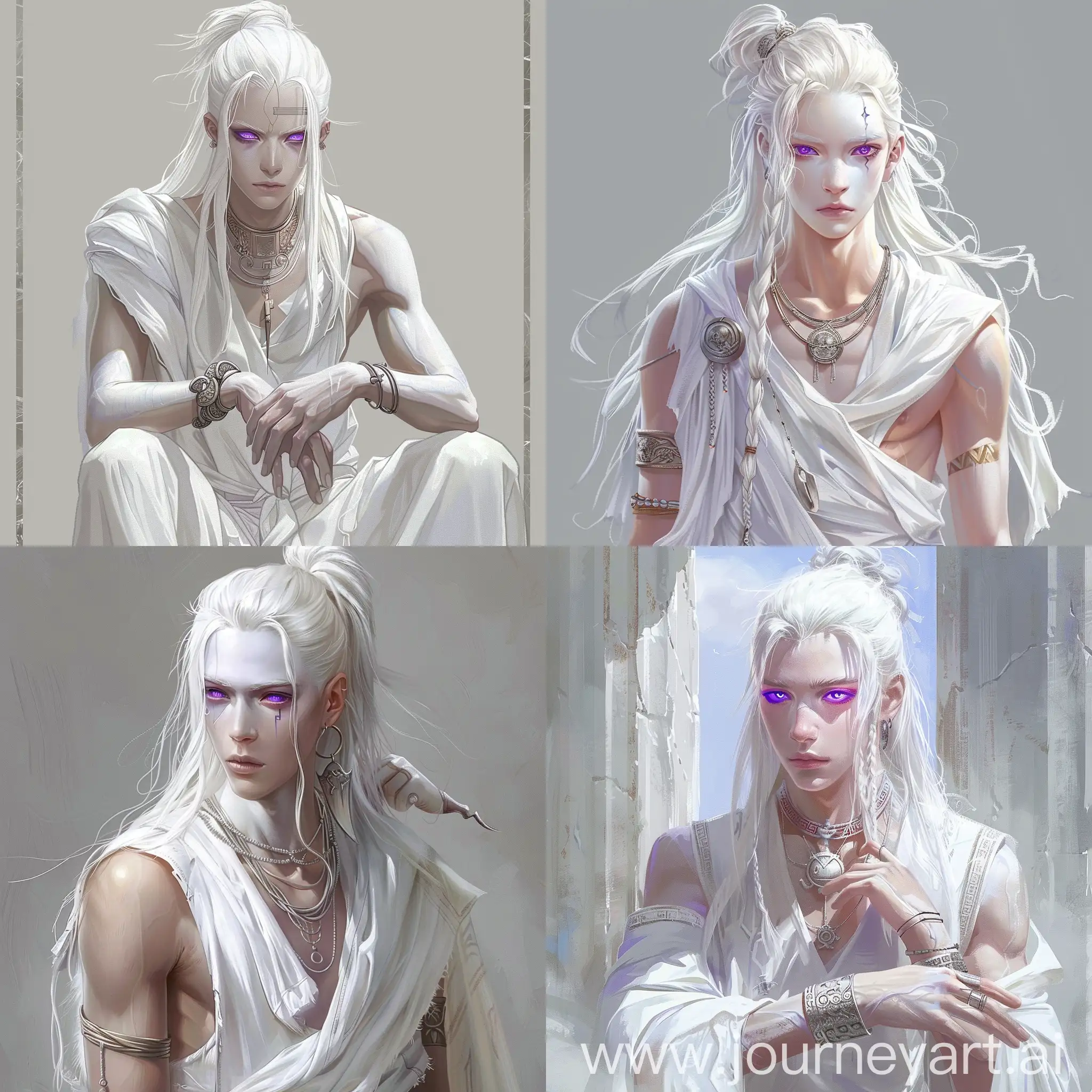 an albino boy, long white hair, androgynous appearance, effeminate, purple eyes, wearing white ancient Greek clothes, silver necklace, silver bracelets, bun, female face, illustration