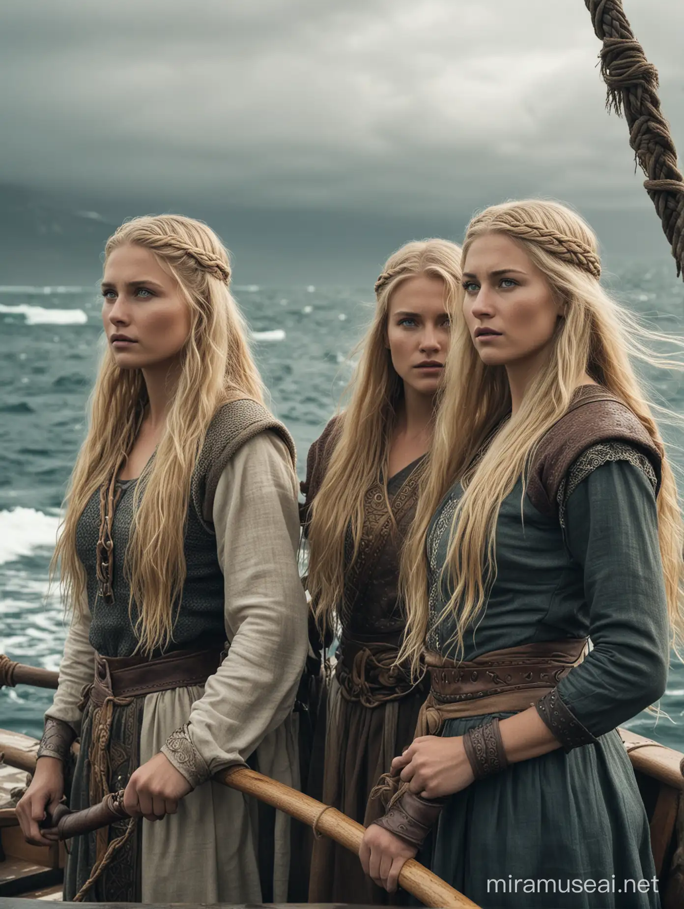 Vikings women  with long blonde hair, on a boat in the ocean

