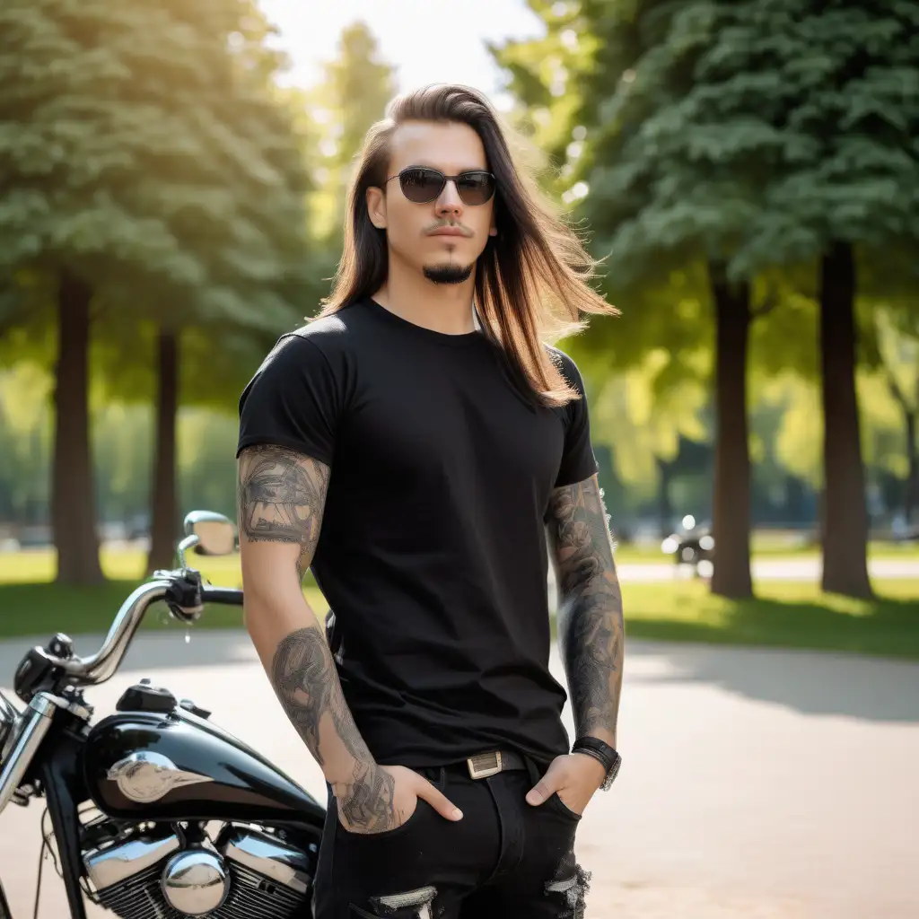 PLAIN BLACK T-SHIRT,mock-up photo 
 LONG HAIR, TATTOED BIKER,SUNNY PARK WITH MOTORCYCLE IN THE BACKGROUND
