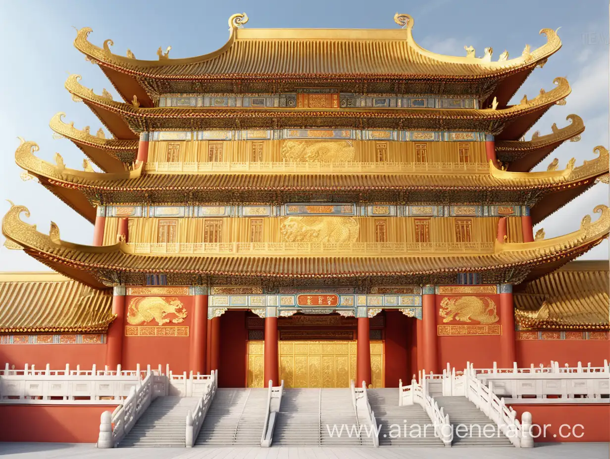 огромный золотой дворец, императорский, золотые ступени, с изогнутой трёхуровневой крышей, красными колоннами, золотыми узорами на фасаде, с фигурками золотых драконов на карнизах, древний китай