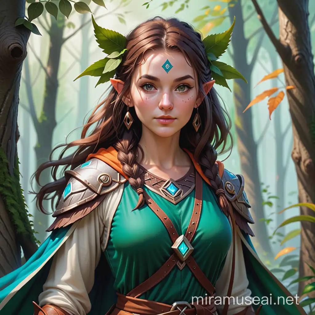 Female Human Druid Folk Hero with Scimitar in Dungeons and Dragons Scene