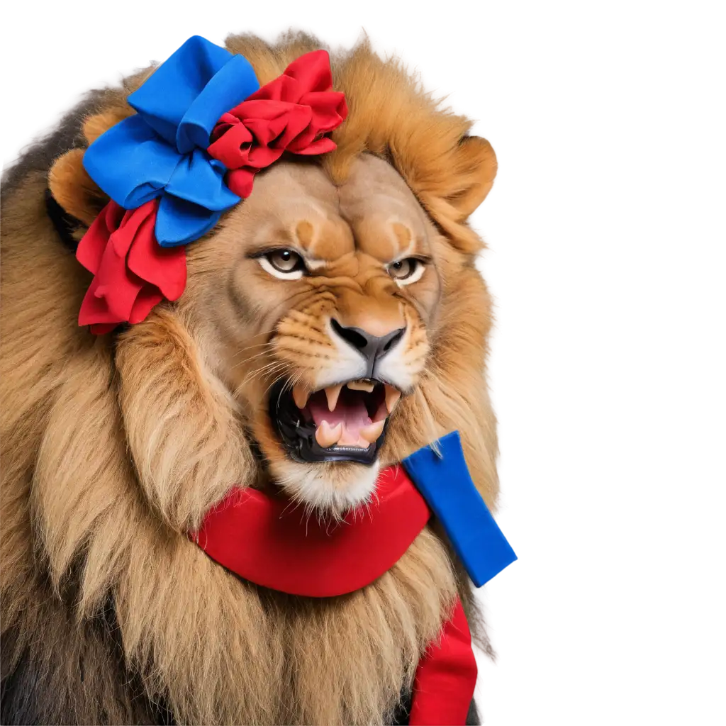 angry  lion with a chain around his neck
with blue, white and red clothes
