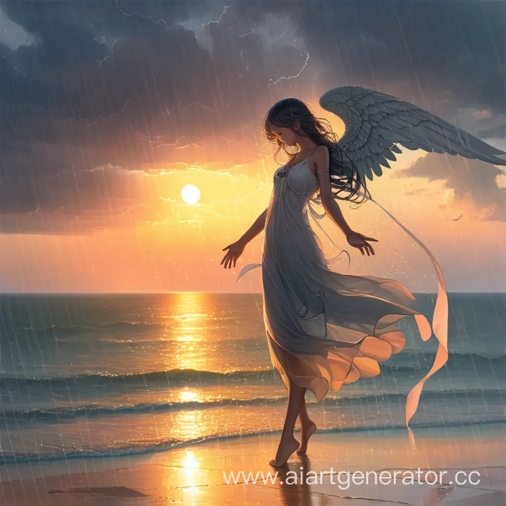 Serene-Angel-at-Sunset-by-the-Sea-in-the-Rain