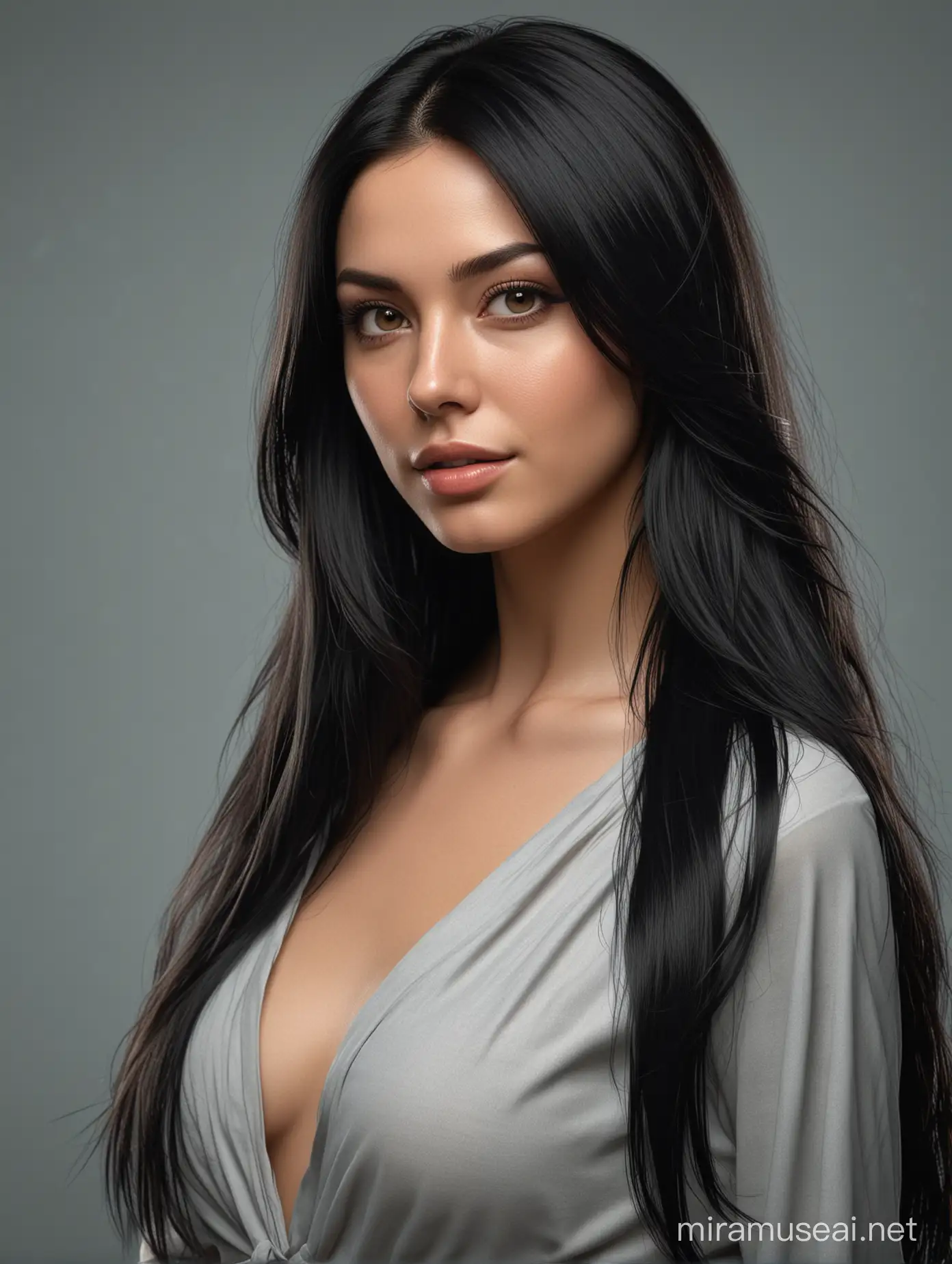 a woman with long black hair posing for a picture, realistic maya