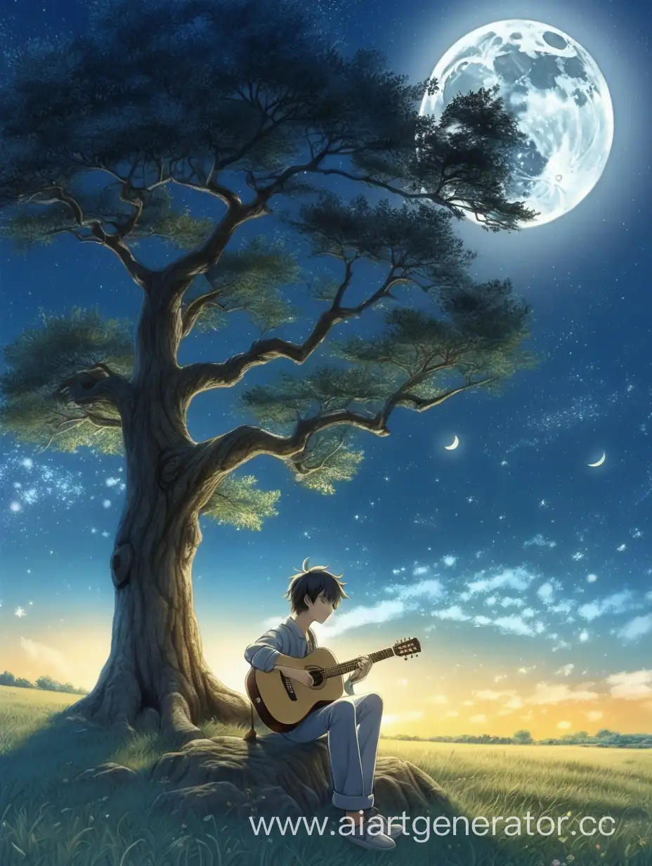 Romantic-Serenade-Guitarist-Under-Moonlight-by-Oak-Tree