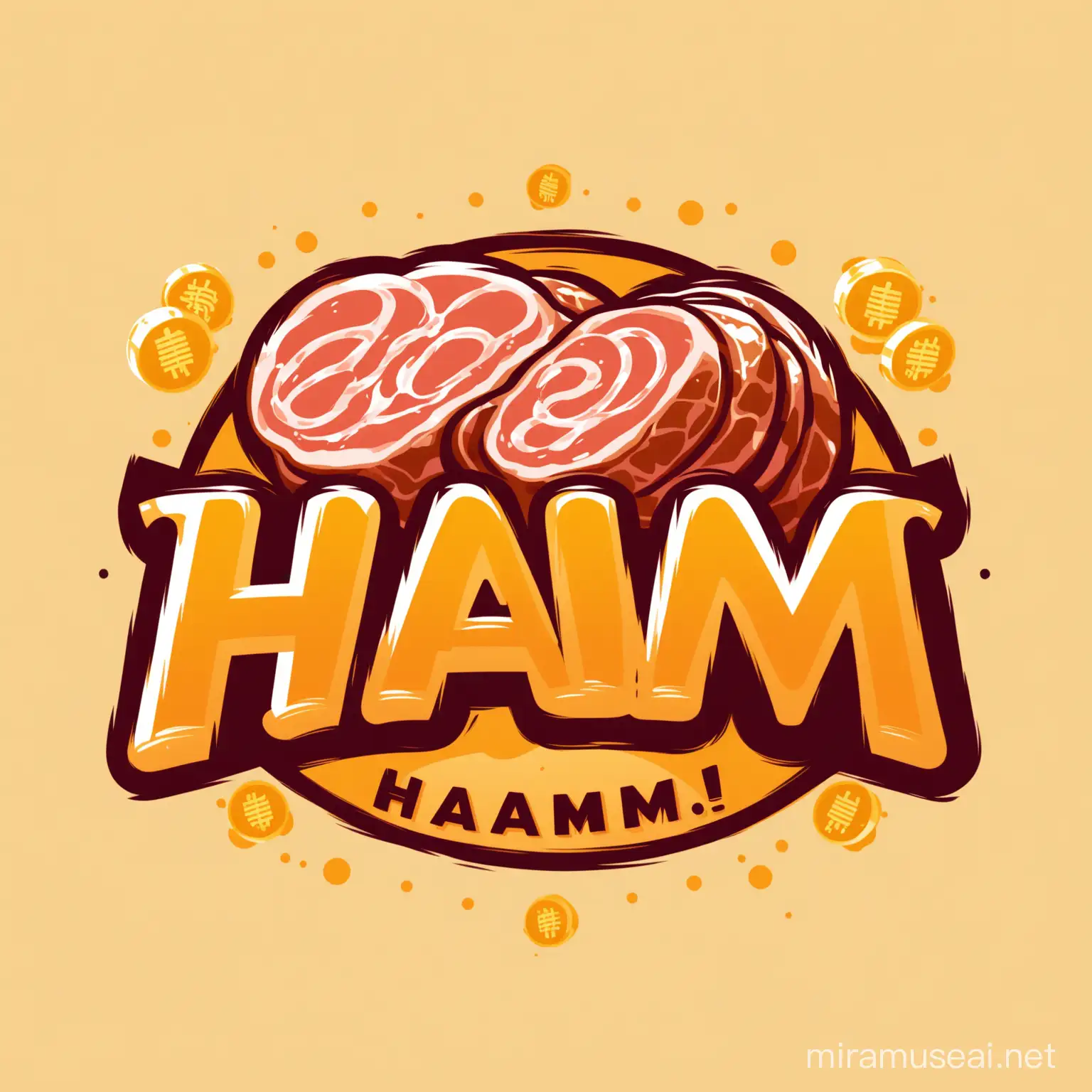 a logo for brand called ''ham'' with a meat and ham and money 
