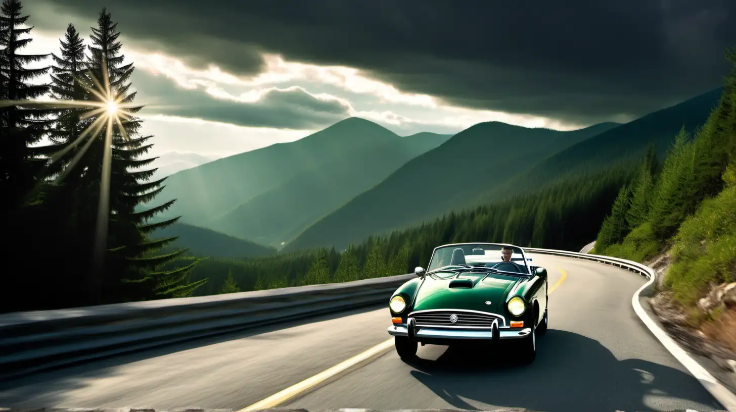 Green Sunbeam Tiger Driving on Curvy Mountain Road with Dramatic Sky