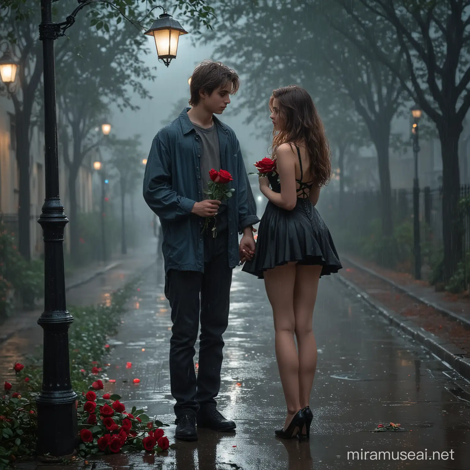 Twilight Romance Boy Holding Red Rose for Beautiful Girl in Rainy Street Scene