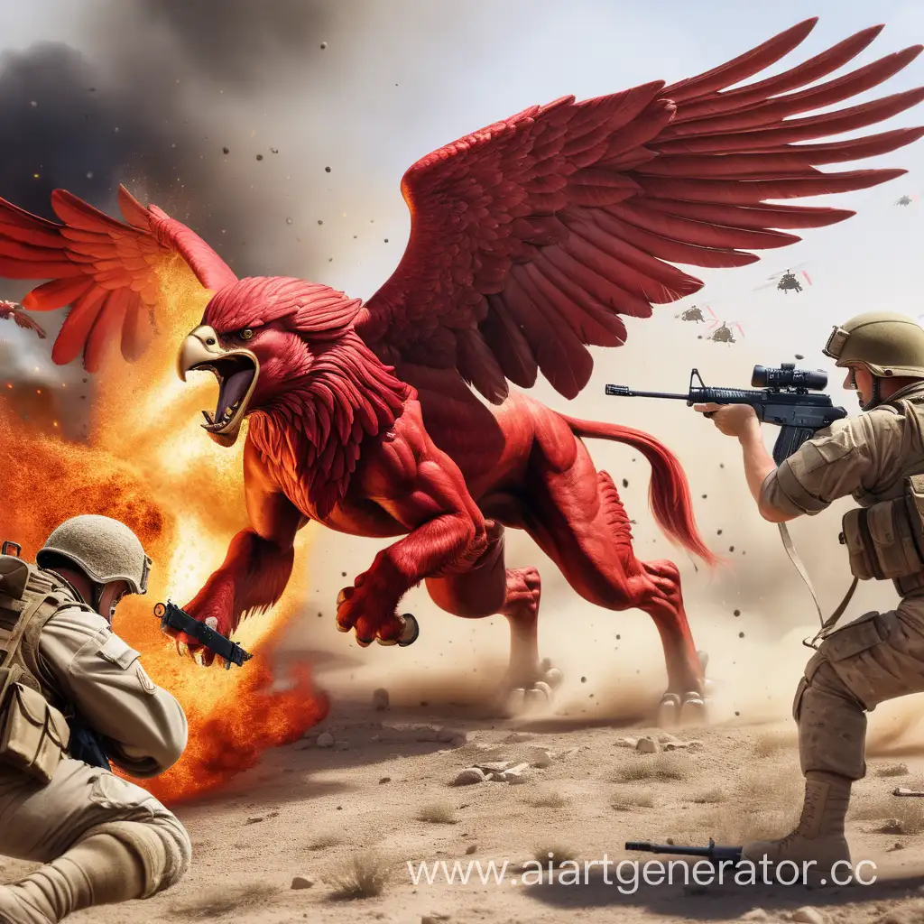 Красный Грифон атакует современных солдат на поле боя 