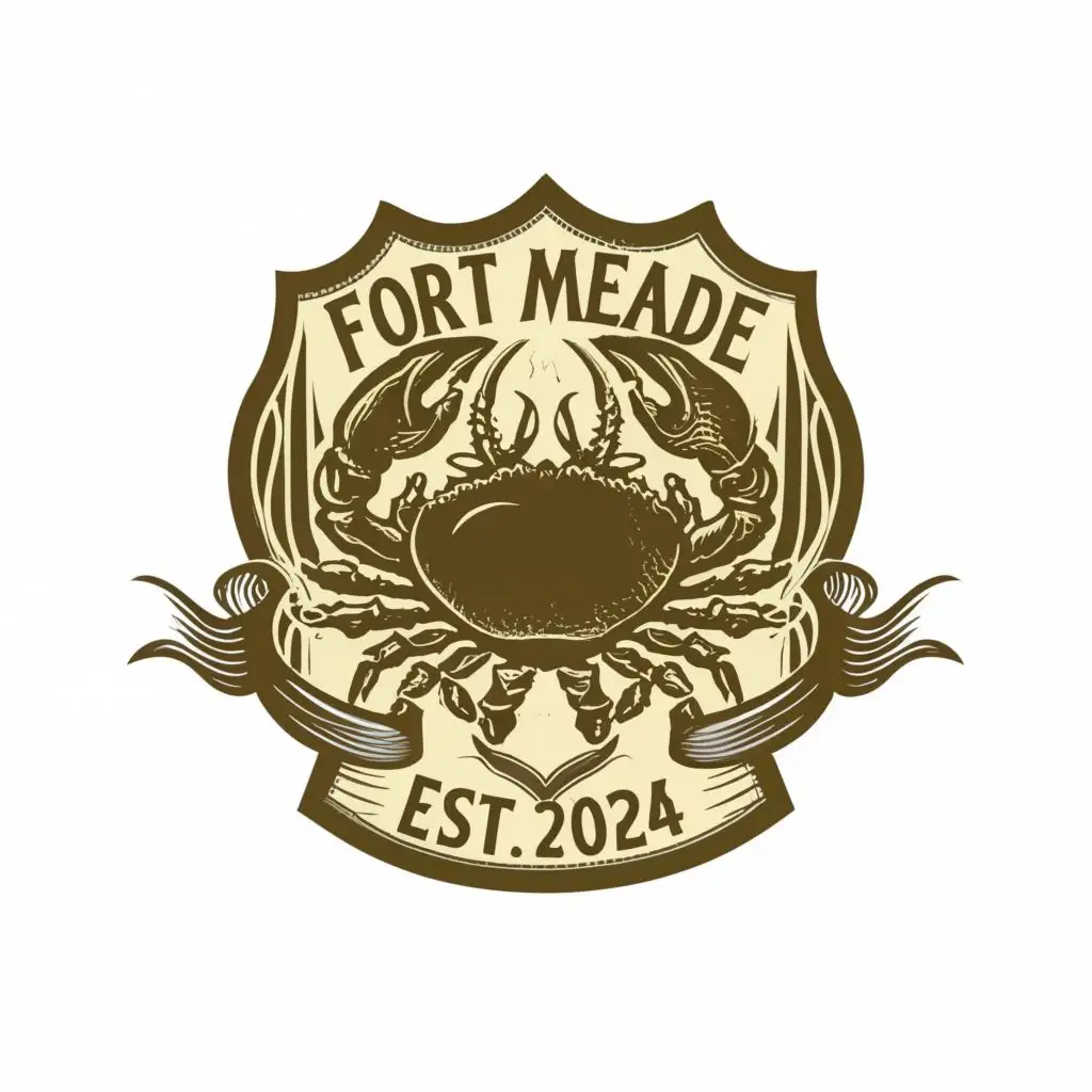 logo, classic historic vintage shield, crab, ribbon ,est.2024,  natural outline, with the text "Fort Meade Seafood", typography, be used in Restaurant industry