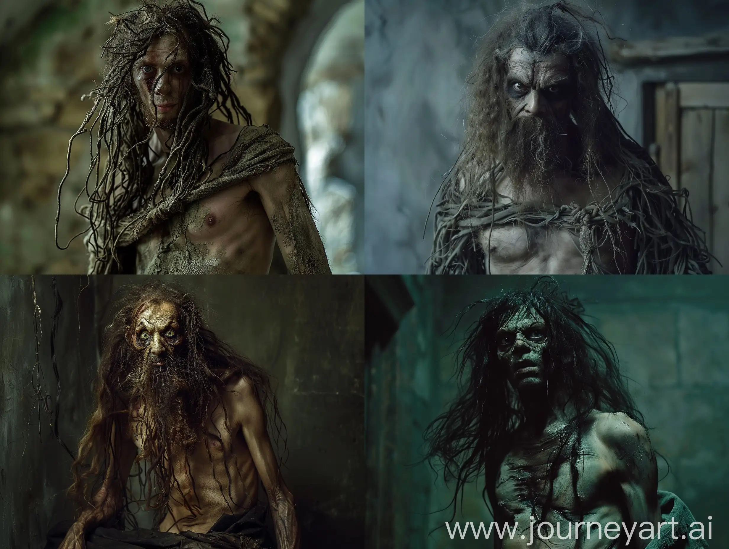 Portrait photography, shot with DSLR 60mm lens. Anorexic zombie witch with grimy tangled matted mane, long hair over chest, demon eyes, shirtless. Kievan Rus', Veliky Novgorod, by Andrei Tarkovsky and Viktor Vasnetsov. high detail, 8k, full hd. Historical horror fantasy movie.