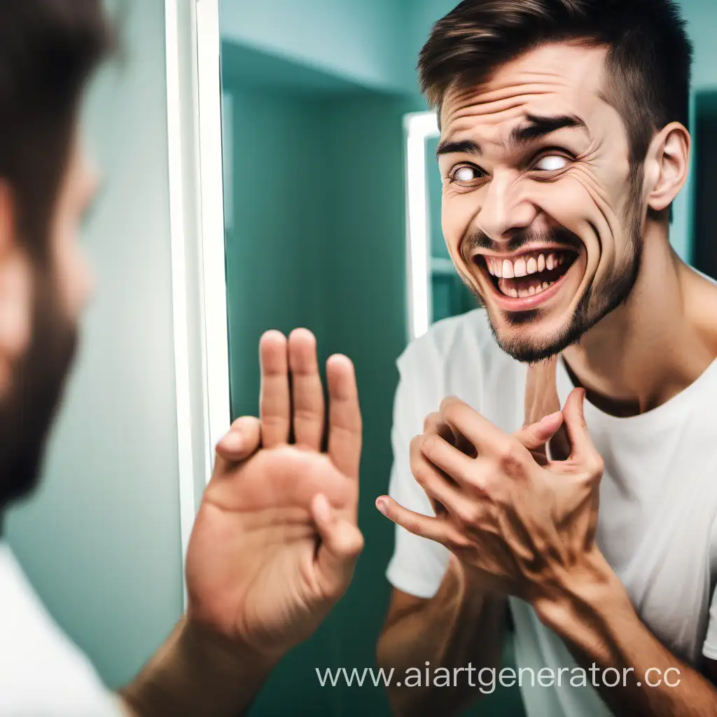 мужская натянутая пальцами за щеки безумная улыбка отражение в зеркале под углом
