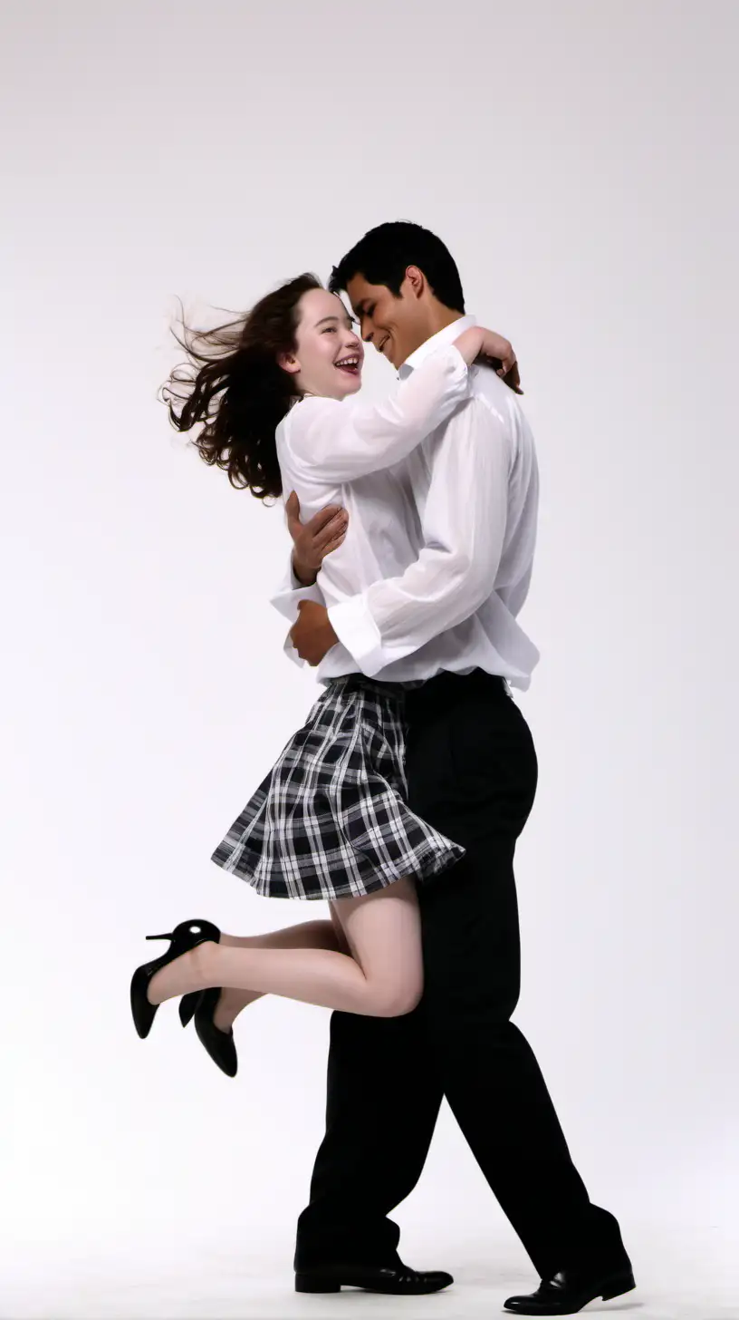 Andean man in his 18s, hugs against him, dances languorously  with Anna Popplewell,  angel smile,  in very brightly white background,  long sleeved white polyester open shirt blouse and black plaid white short skirt and black pumps 