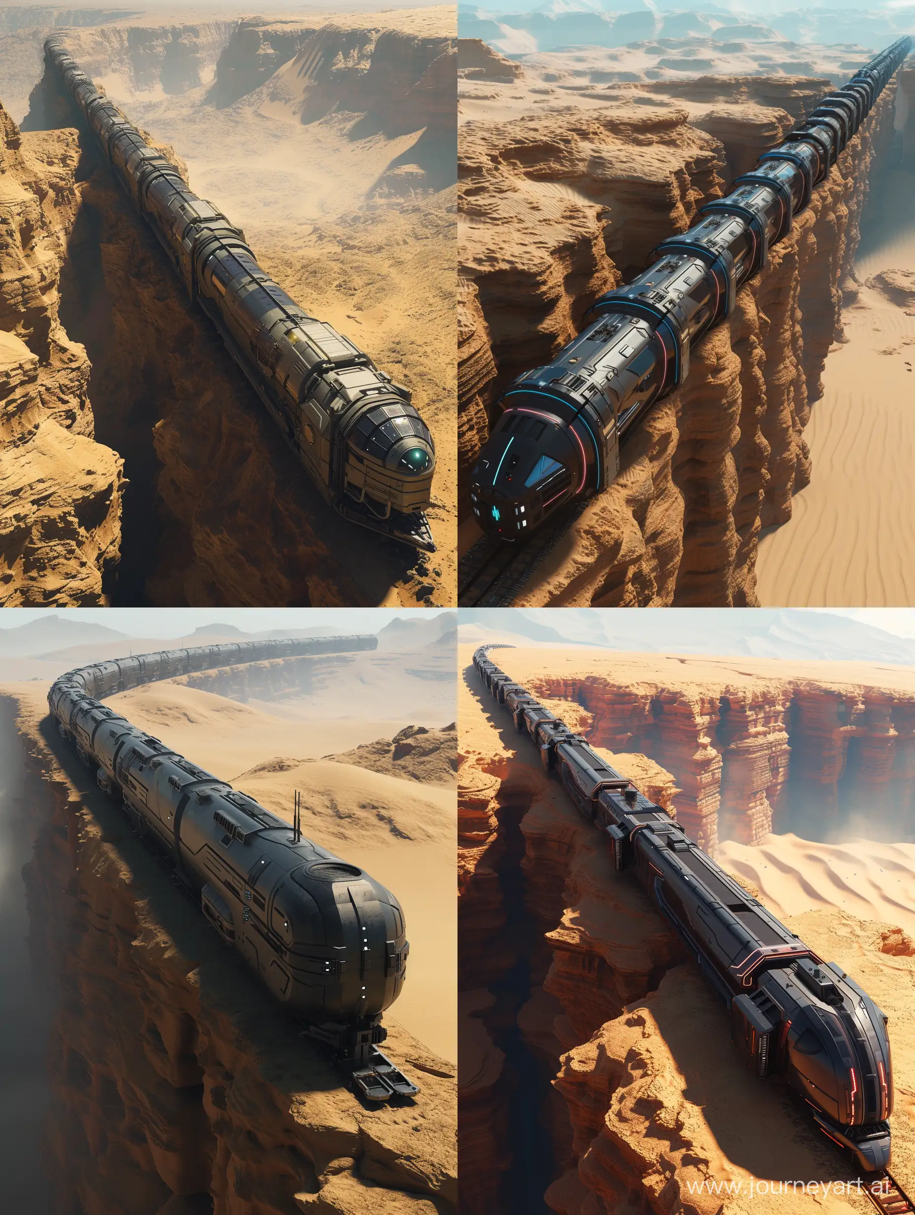 very long cyber train in the desert on the edge of a cliff, top-down view, future style and raelism, high detail, unreal engine --v 6