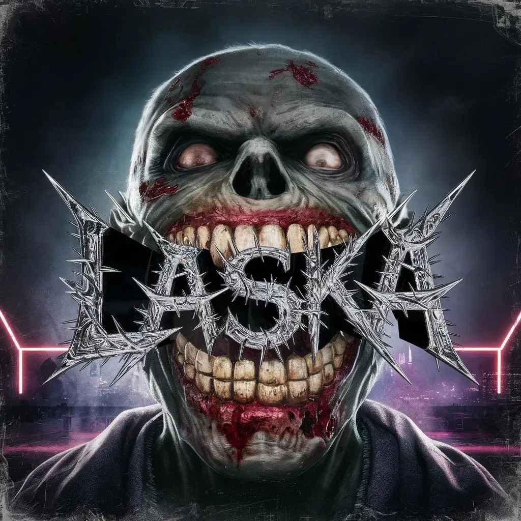electronic music album cover, zombie's head, in its mouth intrication "LasKa", agressive style