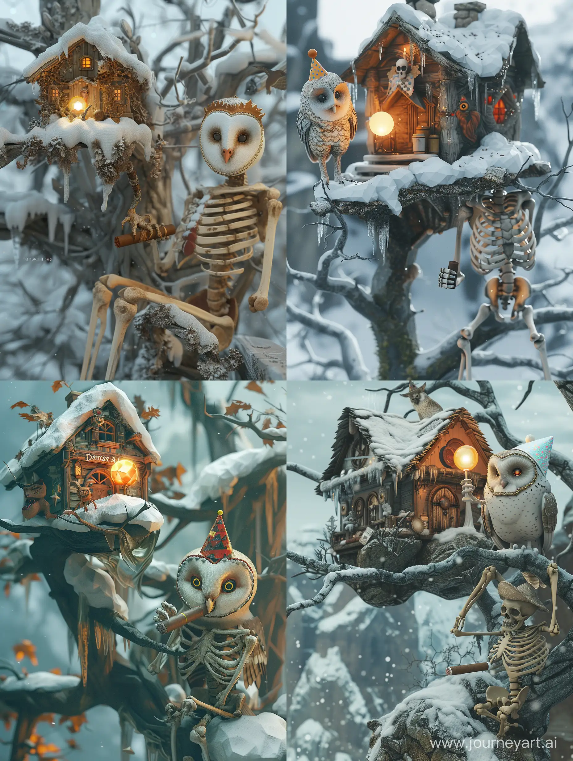"Dwarves' house perched on a snow-covered branching tree in a low poly style, with a cyberpunk art twist. Feature a digital painting of an owl holding a glowing ball, rendered in the style of Tomas Alain Opera, with fantasy art elements. Add a textured, detailed skeleton evoking a sitting demon, reminiscent of biple art and shamanic witch aesthetics. Additionally, include an owl wearing a birthday cap and holding a cigar, inspired by the Hasselblad HC 100mm f/2.2 style, with Farm Security Administration aesthetics and Pop Art sensibilities. The image should also incorporate animated gifs, Irving Penn's influence, and close-up details, akin to the work of David Yarrow" s 1000
