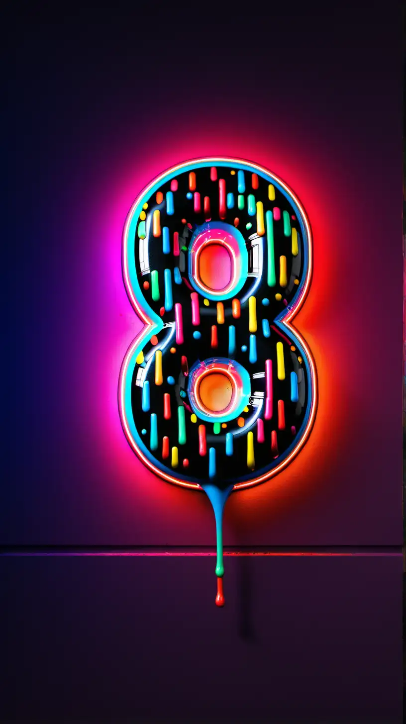 Vibrant Neon Number 8 with Colorful Drip Effect