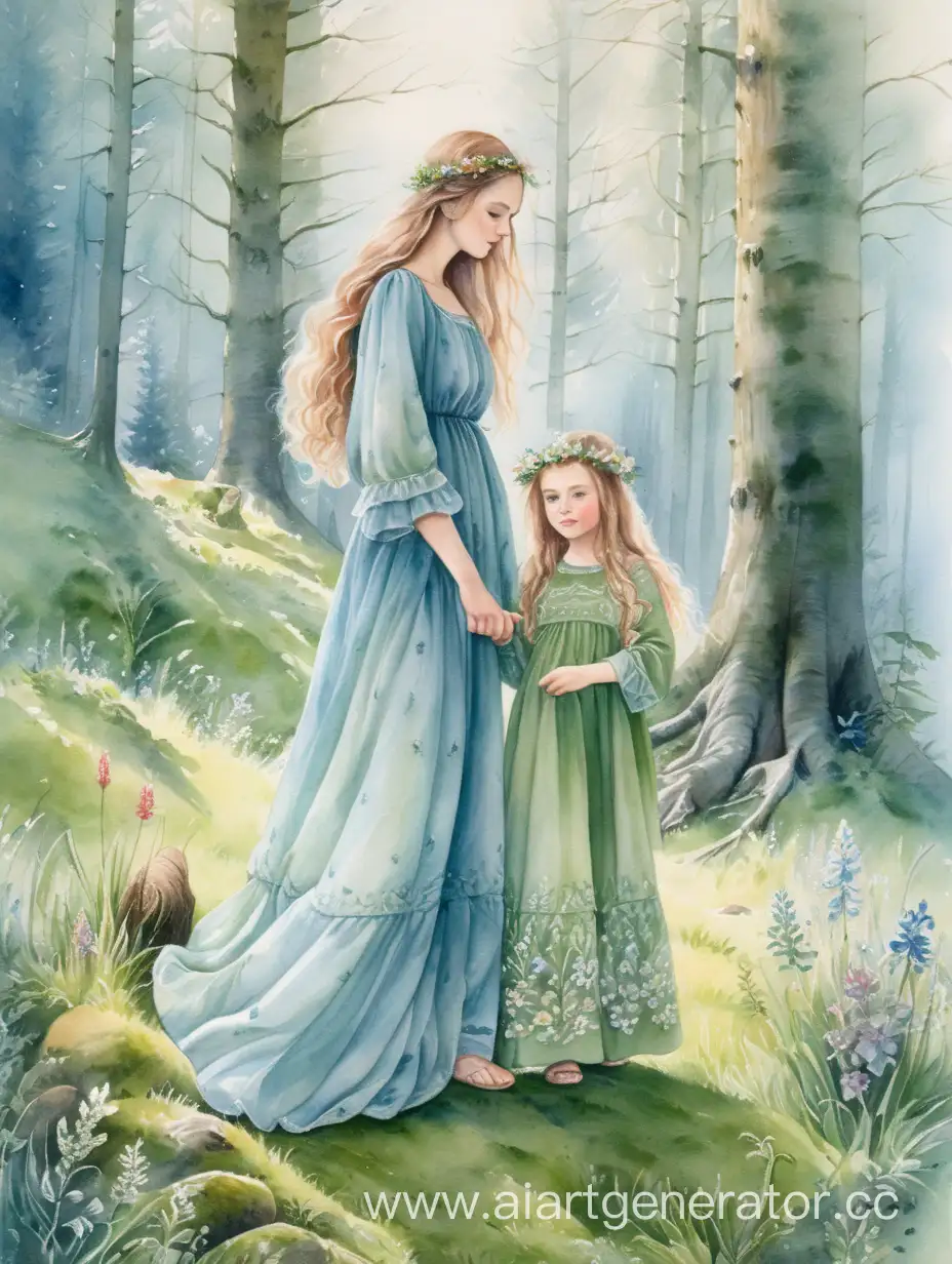 Enchanting-Watercolor-Portrait-of-a-SlavicLooking-Mother-and-Child-in-a-Forest-Clearing