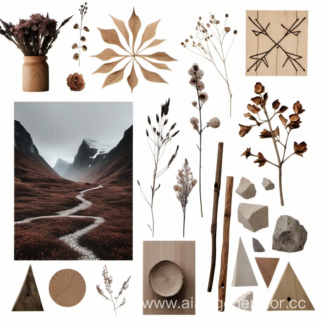 Создай мудборд на скандинавскую минималистичную тему с горами, сухоцветами, рунами,деревом и тд
