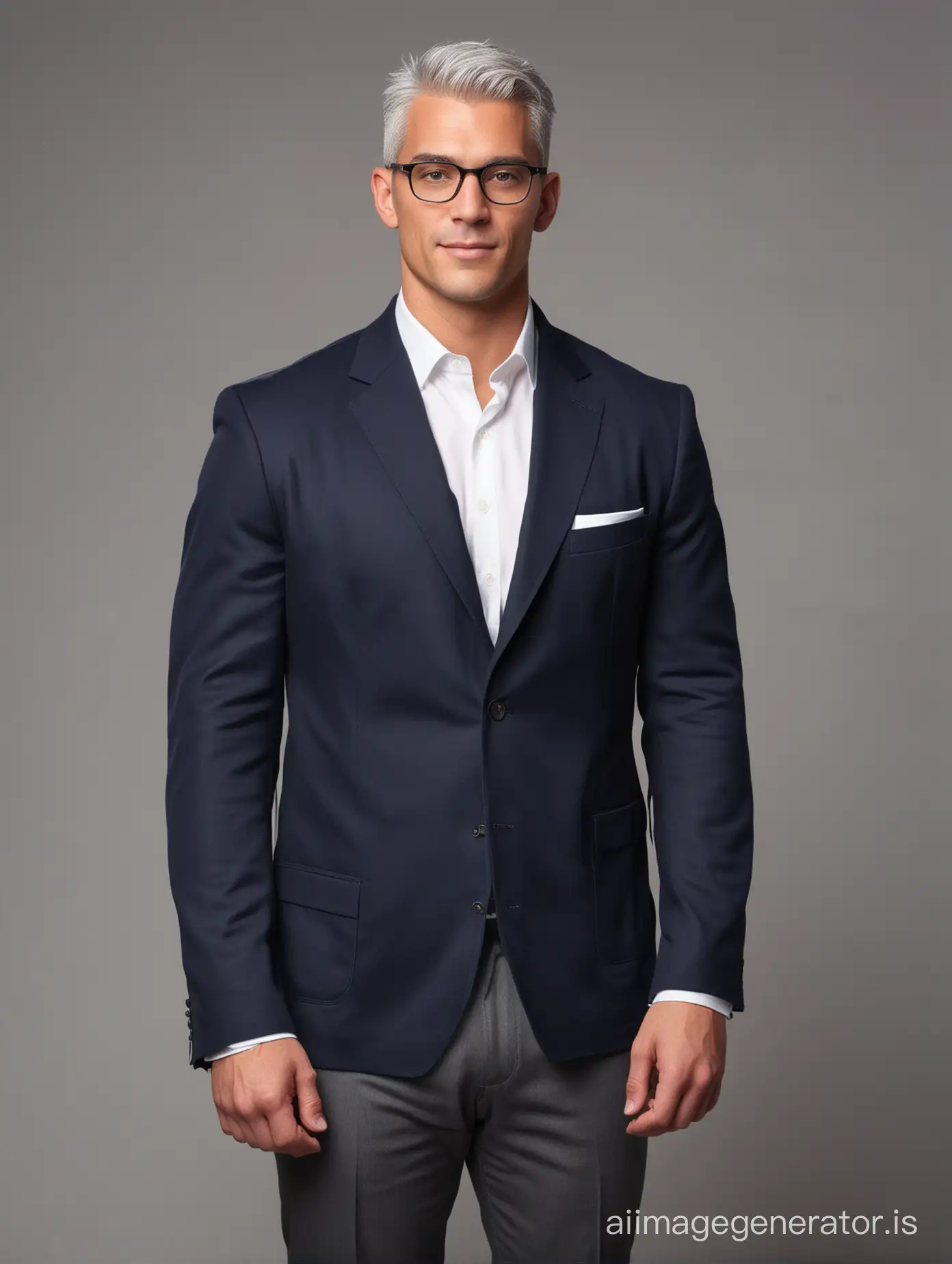 Professional half-length photo of a tall, 35 yars old, athletic man with a square face, wearing a navy blue blazer, white shirt, no tie, open collar, wearing glasses, shaved gray hair