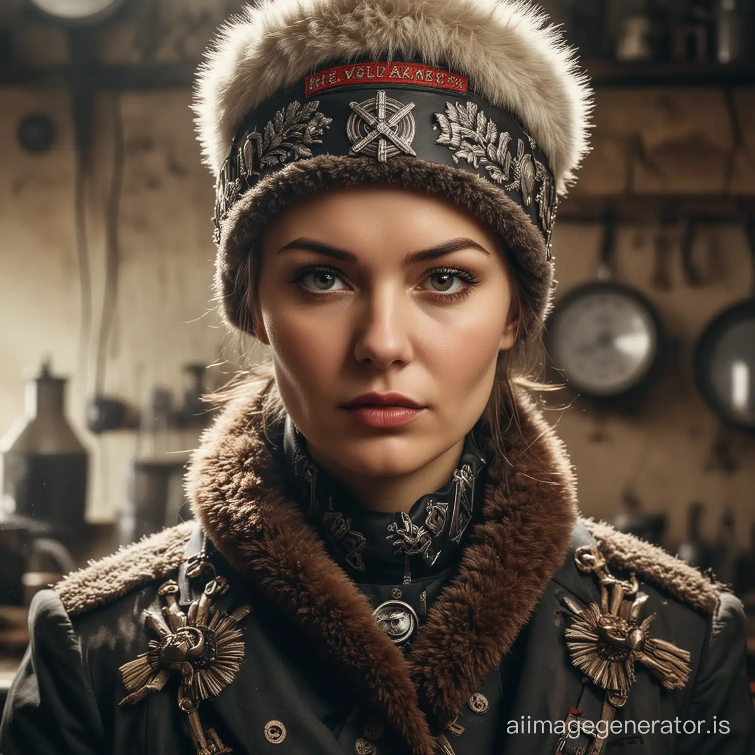 postapocalypse, High detail RAW color Photo, closeup shot, of (rebellious 1950s Polish woman, wearing Slavic attire, military Cossack Ushanka) , (standing in (Atompunk) soviet union kitchen), (Cyrillic tattoos) , (elegant, beautiful face) , (retrofuturism) , perfect hands, alluring eyes, mechanical, gears, (detailed skin) , (oil:0.6) , (tesla coil:0.4) , (Nixie tube:0.8) , (highly detailed, hyperdetailed, intricate) , (bloom:0.4) , soft lighting, (side lighting:0.8) , shadow casting, deep focus, photographed on a Canon 5D, 24mm macro lens, F/8 aperture, film still, (Cursed soldiers, rebellion)