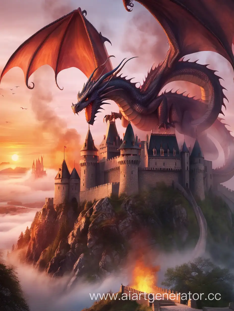 Dragon-Guarding-Castle-in-Misty-Sunset-with-Fiery-Background