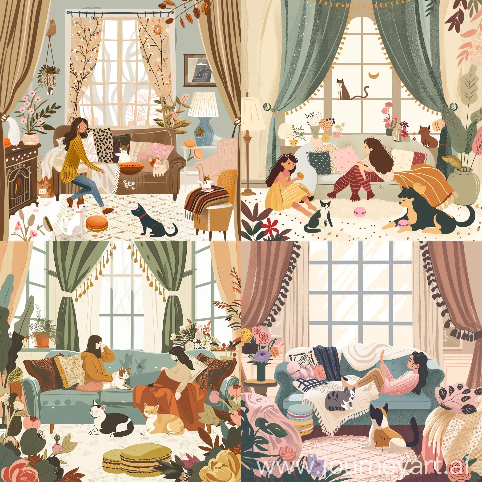 Harmonious-Coexistence-Girls-and-Pets-in-a-Cozy-MacaronColored-Room