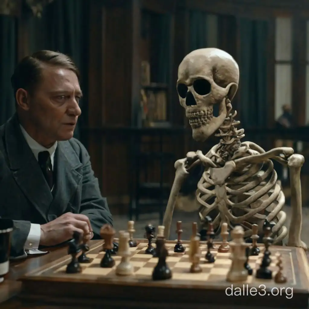 Скелет играет в шахматы с Гитлером. Детализация