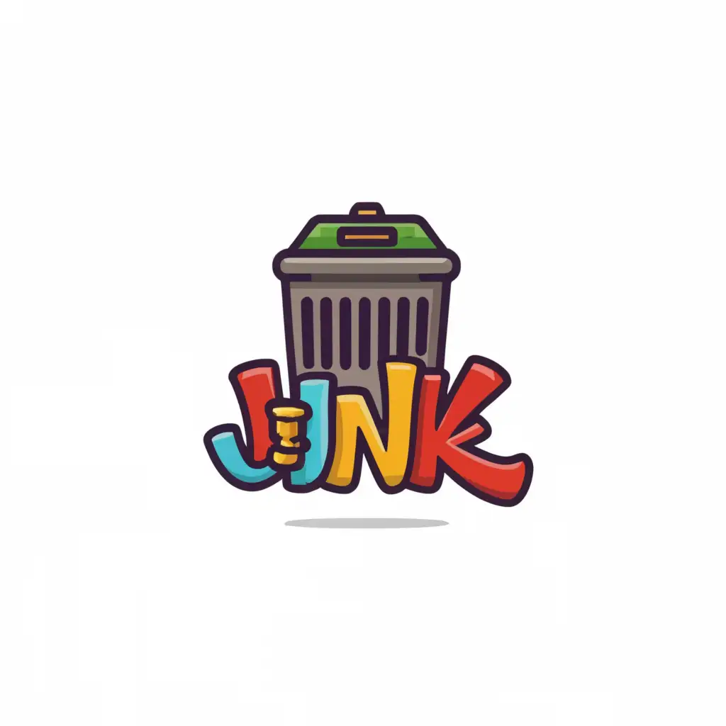 a logo design,with the text "junk", main symbol:grey trashcan wth graffiti and trash in it,Minimalistic,clear background
